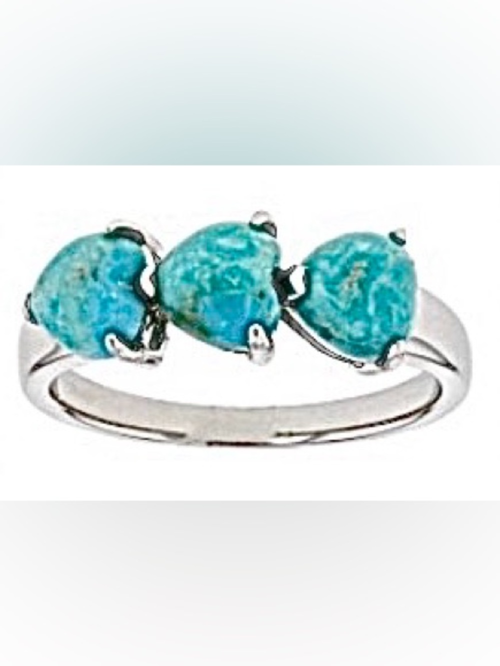 Heart Shaped Cabochon Turquoise Rhodium over Sterling Silver 3 Stone Ring Size 8